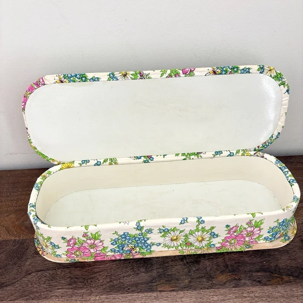 Vintage Floral Fabric Covered Trinket Box Vanity Storage Lidded Cottagecore 14